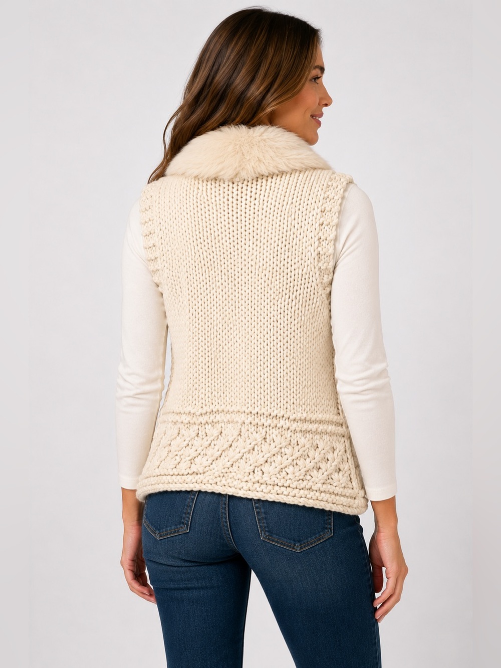 Papaya Chunky Knit Sweater Vest Cream Faux Fur Trim Rabbit Hair Medium - Picture 2 of 7